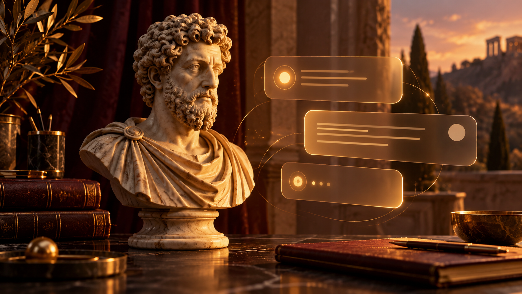 Busto de Marco Aurélio ao lado de uma interface de conversa